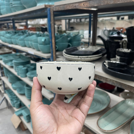 Leftover 5 inch Single Serving Bowl ( Glossy Off-White with Black Hearts )