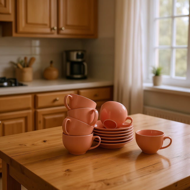 Cup Saucer Set ( SS Glossy Pink ) 6 cups 6 saucers
