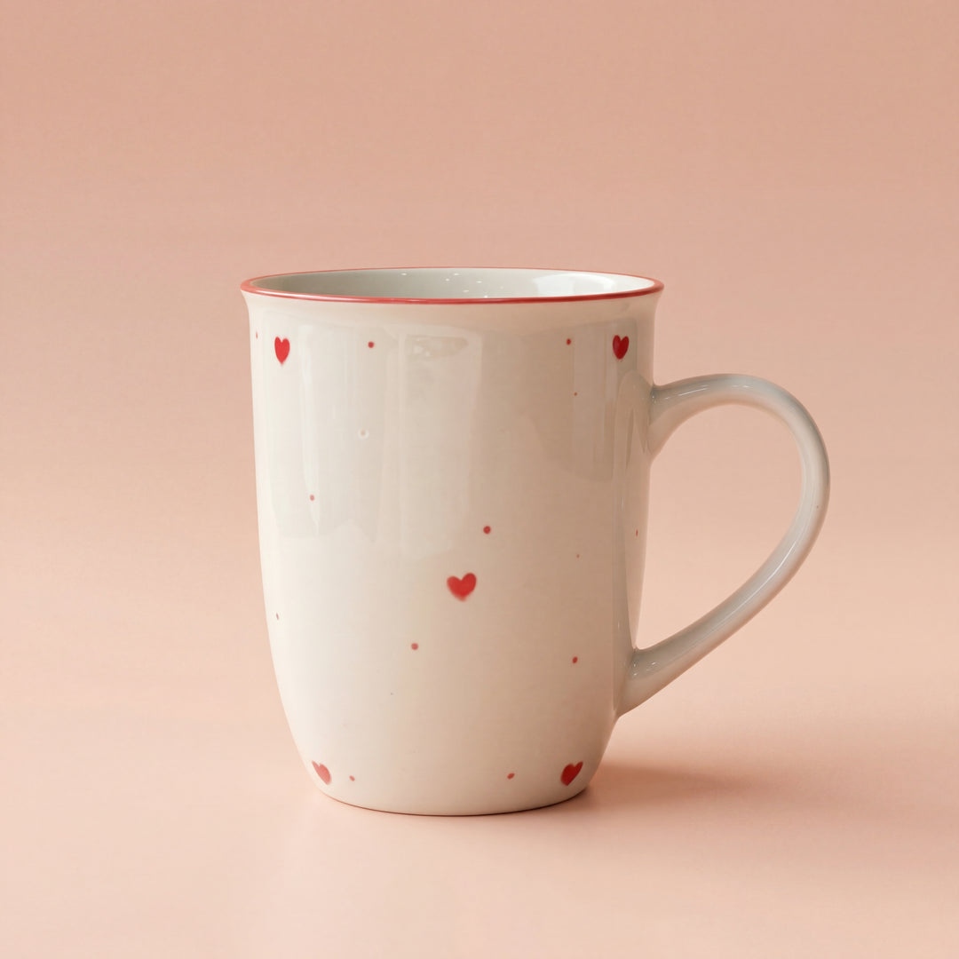 005 Mug ( Glossy Off-White with Red Hearts ) ( 350 ml )