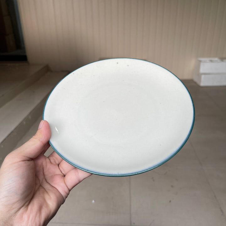Leftover 8 inch Rimless Plate ( Glossy Off-White with Peacock Green Rim )