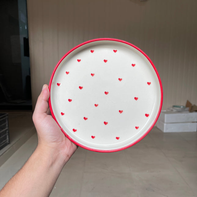 Leftover 8 inch Classic Plate ( Glossy Off-White with Red Hearts )