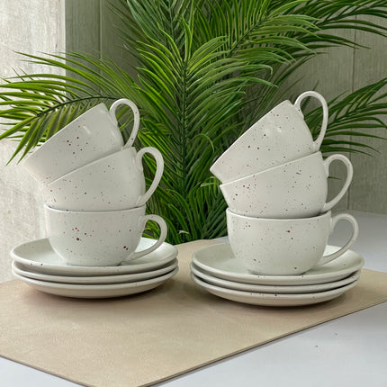 WM Cup Saucer Set ( White Matte with Brown Specks ) 6 cups 6 saucers ( 220ml )