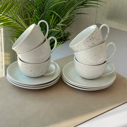 Leftover WM Cup Saucer Set ( White matte with brown specks ) 6 cups 6 saucers ( 220ml )