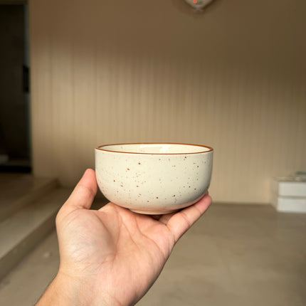Leftover 4.5 inch Single Serving Bowl ( Glossy Off-White with Brown Rim and Brown Specks )
