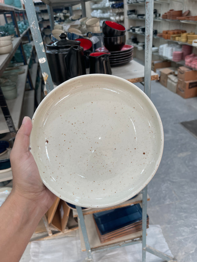 Leftover 8 inch Deep Classic Plate ( Glossy Off-White with Brown Specks )