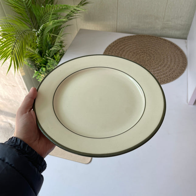 Leftover 10 inch Flat Plate ( Glossy Off-White with Dark Green Rim and Inner Line )