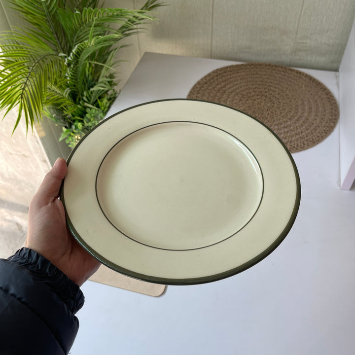 Leftover 10 inch Flat Plate ( Glossy Off-White with Dark Green Rim and Inner Line )