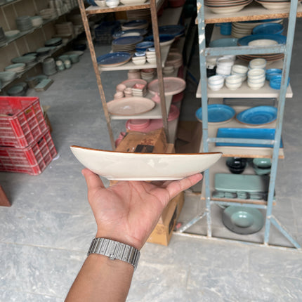 8.5"x7.5" Dessert Bowl ( Glossy Off-White with Brown Line )