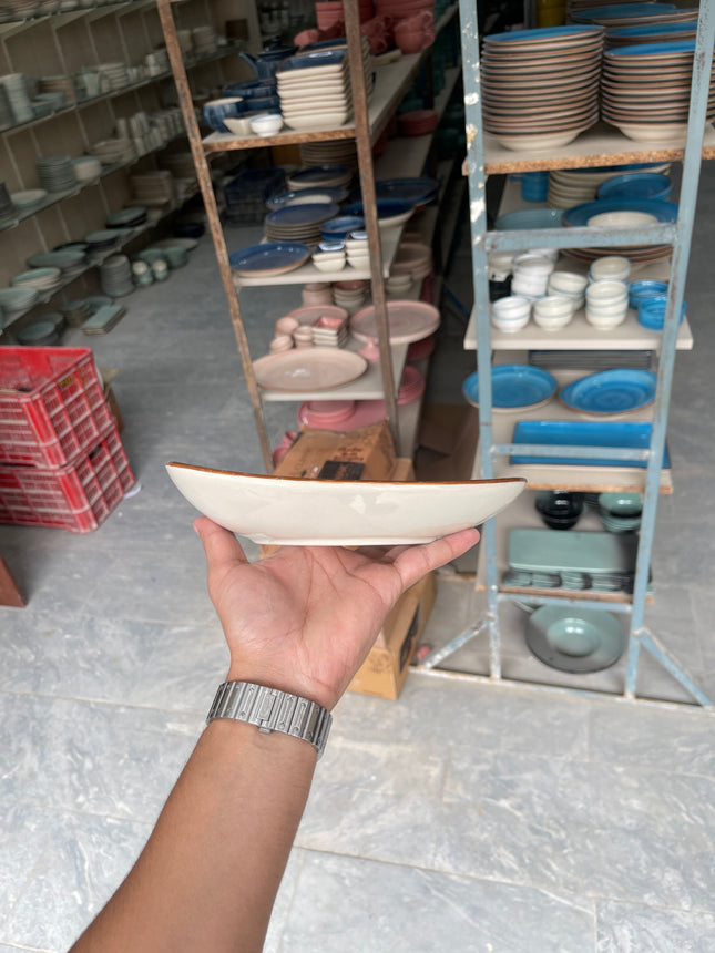 8.5"x7.5" Dessert Bowl ( Glossy Off-White with Brown Line )