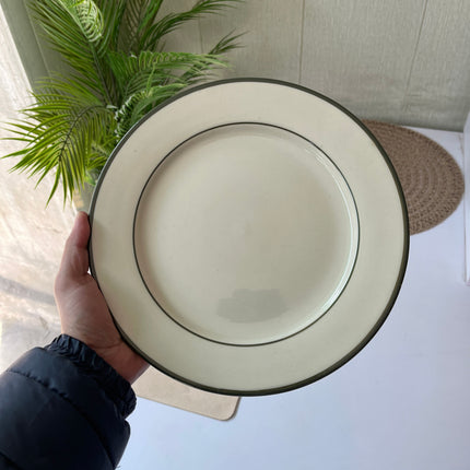 Leftover 10 inch Flat Plate ( Glossy Off-White with Dark Green Rim and Inner Line )