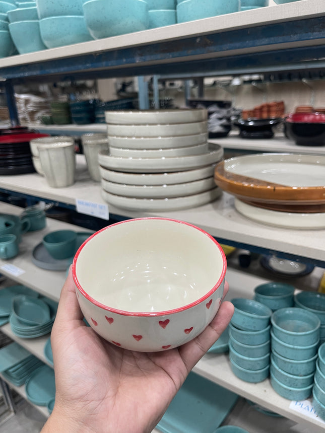 Leftover 5 inch Single Serving Bowl ( Glossy Off-White with Red Hearts )