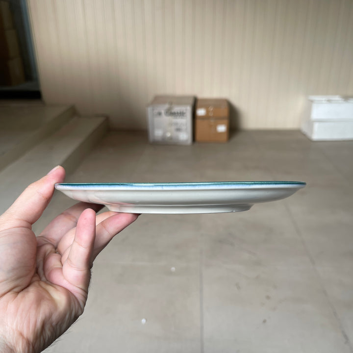 Leftover 8 inch Rimless Plate ( Glossy Off-White with Peacock Green Rim )