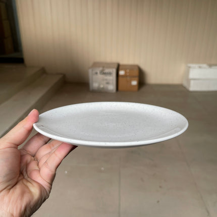 Leftover 8 inch Rimless Plate ( Glossy White with Black Specks )