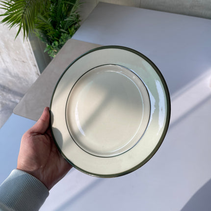 Leftover 8 inch flat plate ( Glossy Off-White with Dark Green Rim and Inner Line )