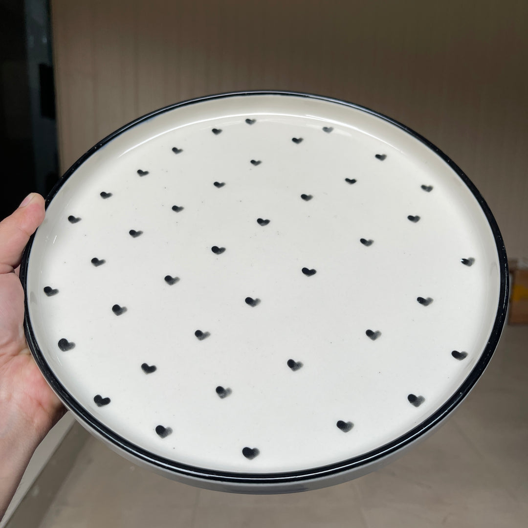Leftover 10 inch Classic Plate ( Glossy Off-White with Black Hearts )