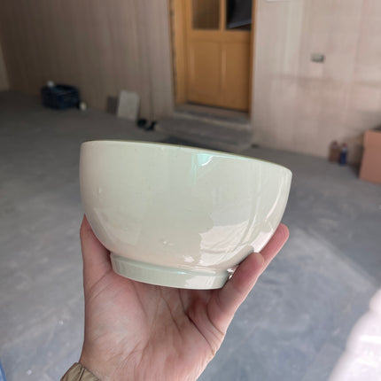 Leftover 5.5 inch Round Bowl ( Glossy Off-White with Dark Green line rim, dark green specks )