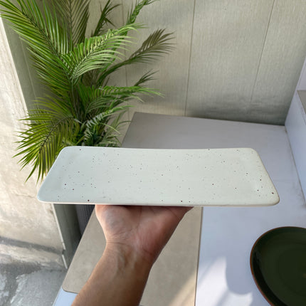 Leftover 12"x5" Flat Serving Platter ( White Matte with Brown Specks )