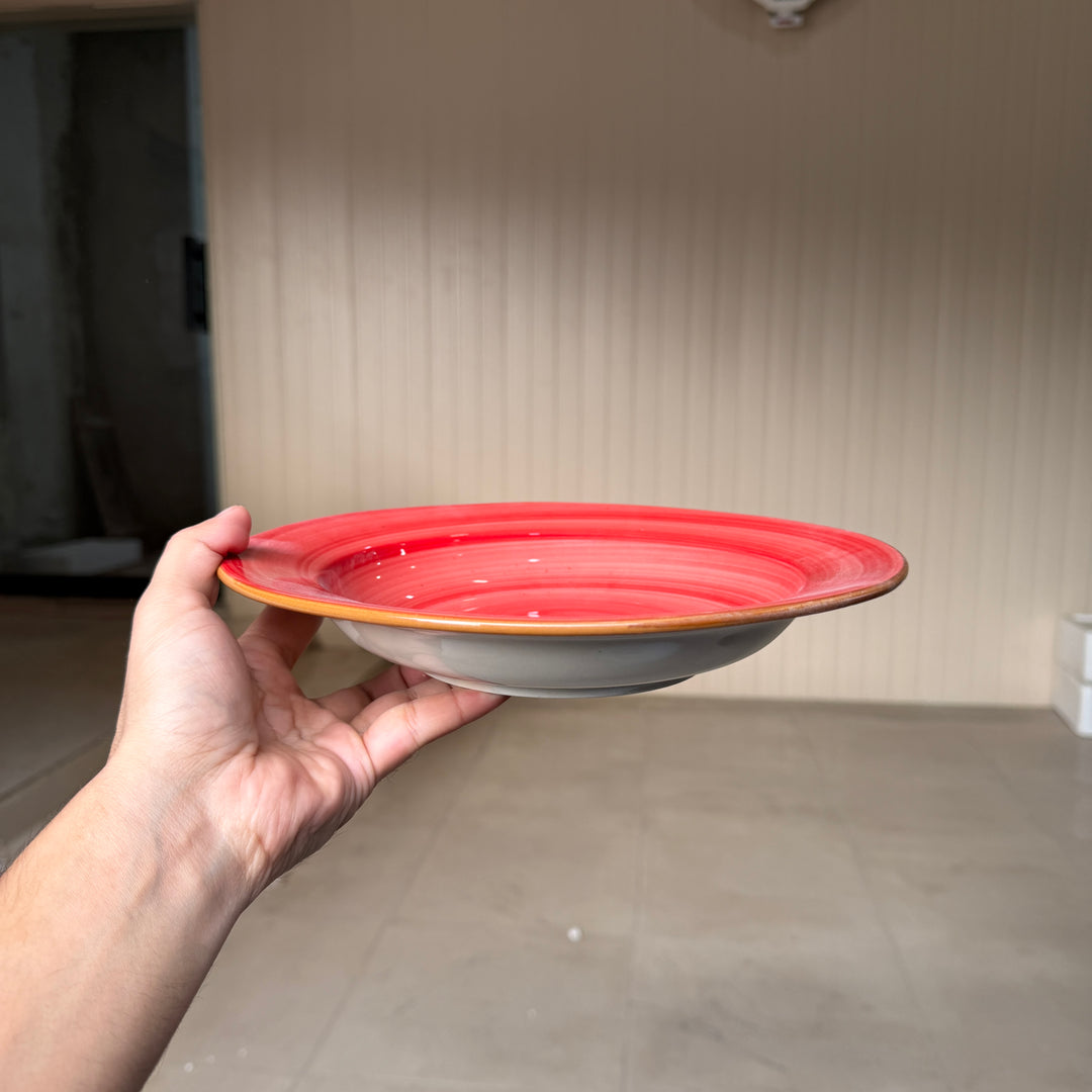 Leftover 10 inch Deep plate ( Red Colorline with brown rim and brown specks )