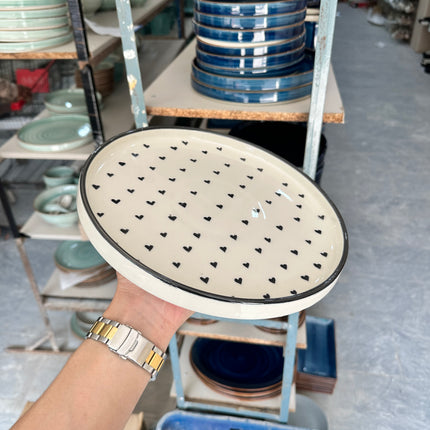Leftover 10 inch Classic Plate ( Glossy Off-White with Black Hearts )