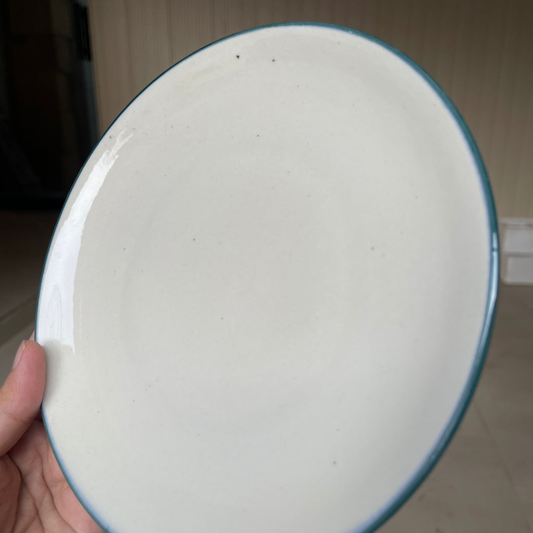 Leftover 8 inch Rimless Plate ( Glossy Off-White with Peacock Green Rim )