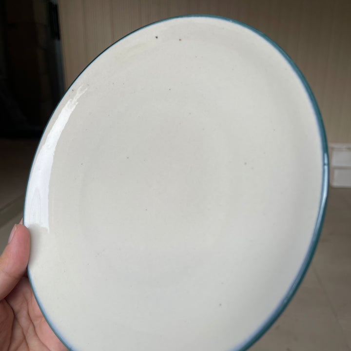 Leftover 8 inch Rimless Plate ( Glossy Off-White with Peacock Green Rim )