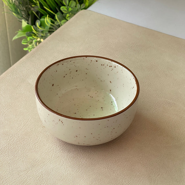 4.5 inch Single Serving Bowl ( Glossy Off-White with brown line on rim and brown specks )