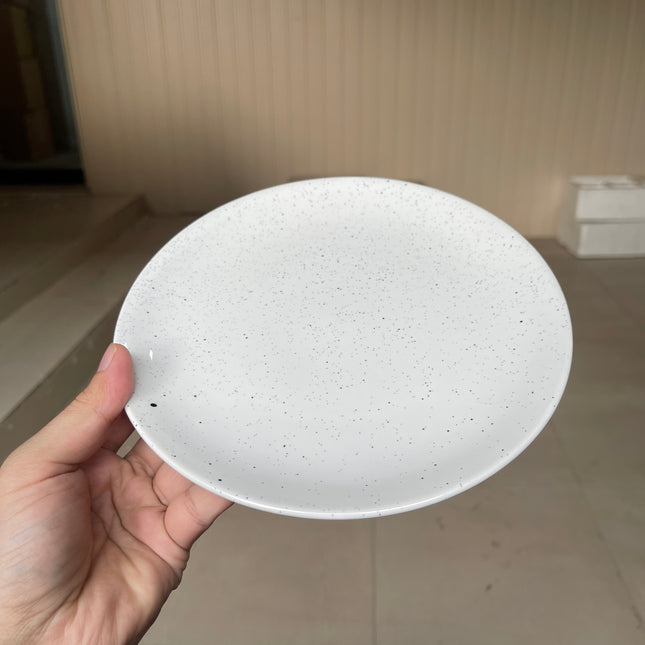 Leftover 8 inch Rimless Plate ( Glossy White with Black Specks )