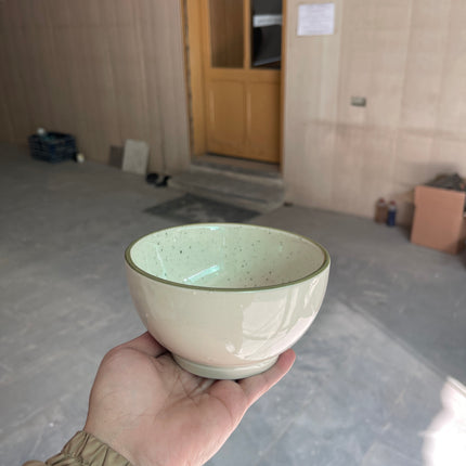 Leftover 5.5 inch Round Bowl ( Glossy Off-White with Dark Green line rim, dark green specks )