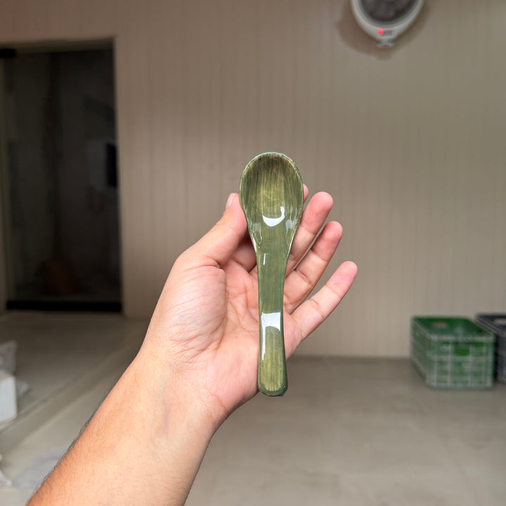 Leftover Ceramic Soup Spoon ( Dark Green Colorline ) ( Set of 6 )