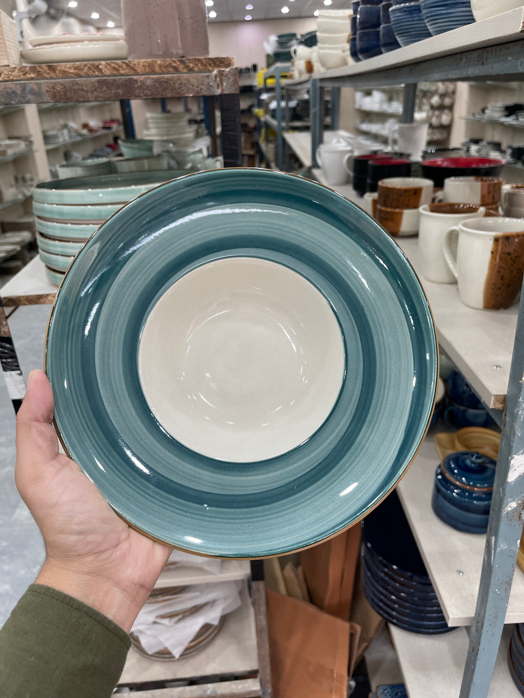 Leftover 9.5 inch Pasta Plate ( Peacock Green Brown line )