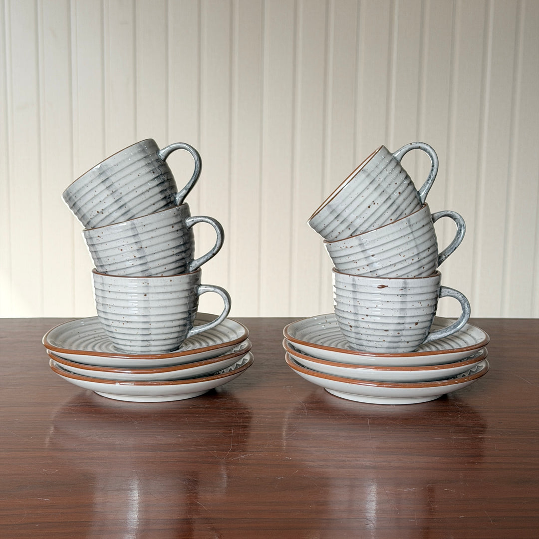 Leftover Ripple Cup Saucer Set ( Ash ) ( 180 ml ) 6 cups 6 Saucers