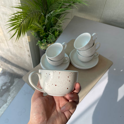 Leftover WM Cup Saucer Set ( White matte with brown specks ) 6 cups 6 saucers ( 220ml )