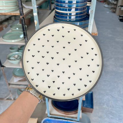 Leftover 10 inch Classic Plate ( Glossy Off-White with Black Hearts )
