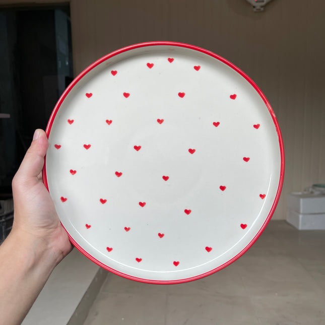 Leftover 10 inch Classic Plate ( Glossy Off-White with Red Hearts )