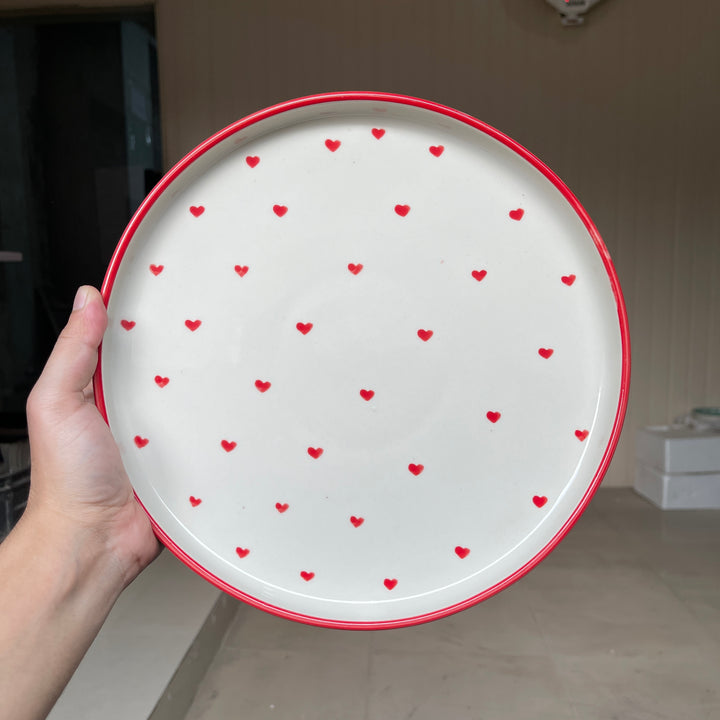Leftover 10 inch Classic Plate ( Glossy Off-White with Red Hearts )