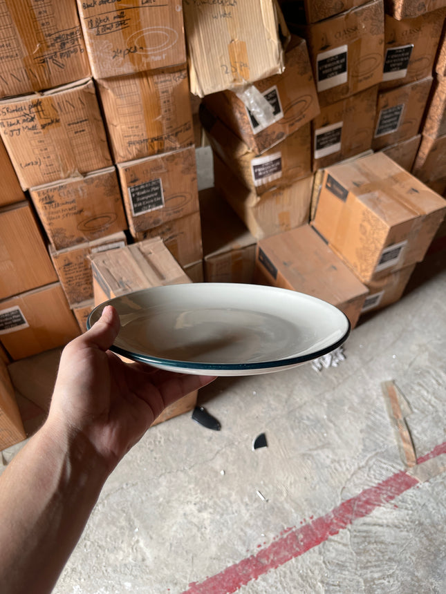 Leftover 10 inch Rimless Plate ( Glossy Off-White with Peacock Green Line )
