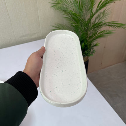 Leftover NV Oval Small Platter 12"x4.8" ( White Matte with Teal Specks )