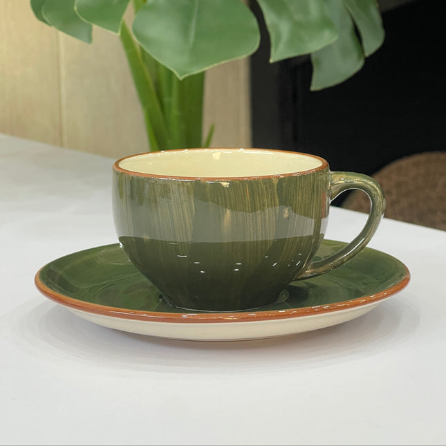 Leftover SS Cup Saucer Set ( Dark Green Colorline ) 6 cups 6 saucers ( 200ml )