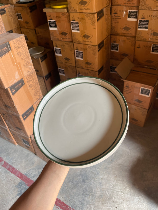 Leftover 10 inch Classic Plate ( Shiny Off White with Dark Green Inner edge and Rim )