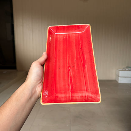 leftover 11.5"x6" Rectangular Platter ( Red Colorline with Light brown Rim )