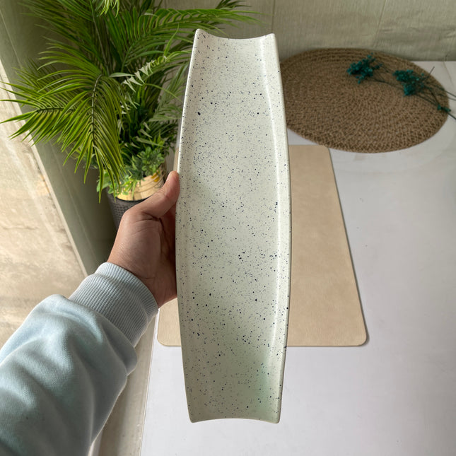 Leftover Curved Serving Platter Small (14"x4.1" White Matte with Black Specks )