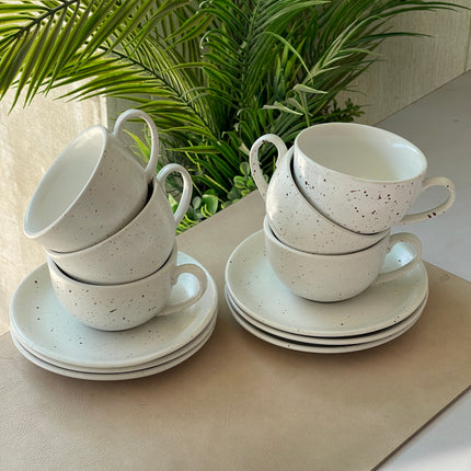 Leftover WM Cup Saucer Set ( White matte with brown specks ) 6 cups 6 saucers ( 220ml )
