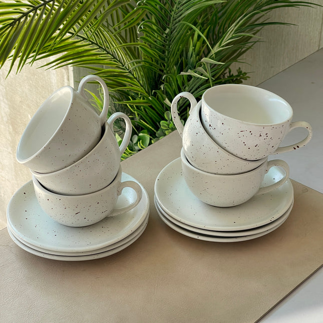 Leftover WM Cup Saucer Set ( White matte with brown specks ) 6 cups 6 saucers ( 220ml )
