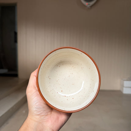 Leftover 4.5 inch Single Serving Bowl ( Glossy Off-White with Brown Rim and Brown Specks )