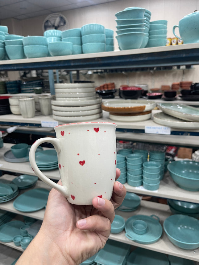 Leftover 005 Mug ( Glossy Off-White with Red Hearts ) ( 350 ml )