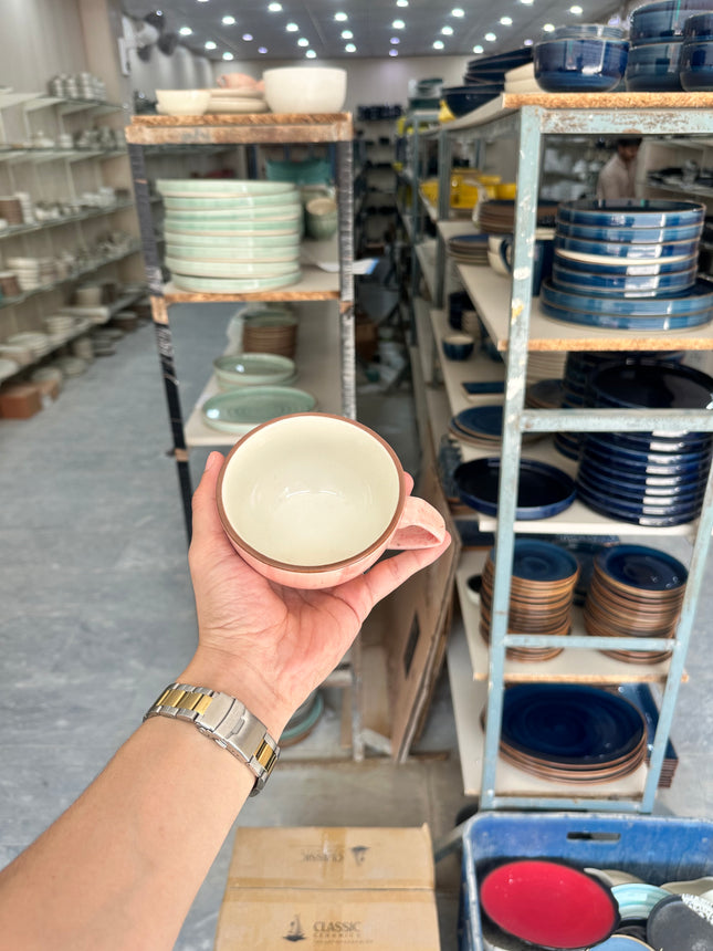 Leftover D Handle Coffee Cup ( Pink Colorline Brown line With Brown Specks ) ( 270 ml )