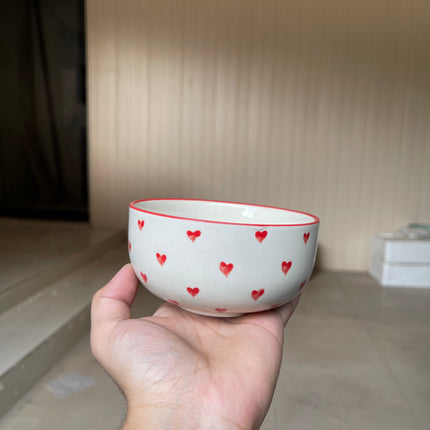 Leftover 4.5 inch Single Serving Bowl ( Glossy Off-White with Red Hearts )