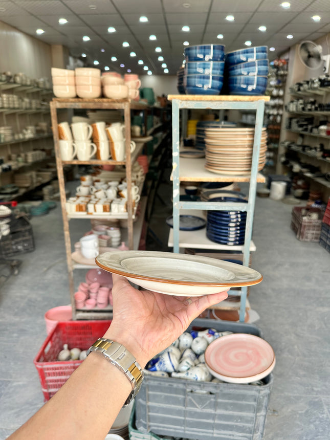 Leftover 9 inch Deep Gravy plate ( Grey Colorline Brown line with Brown specks )