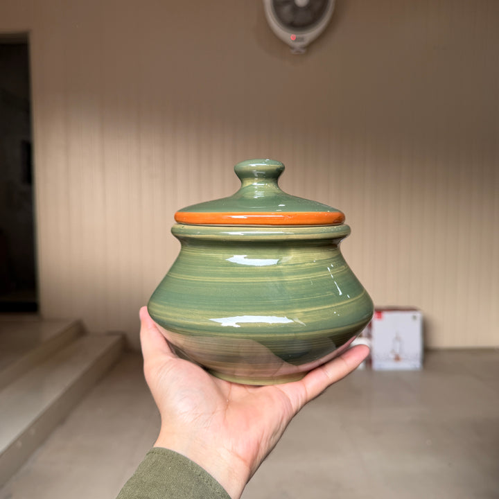 Leftover 5 inch Matka Handi ( Dark Green Colorline ) ( 1000 ml )