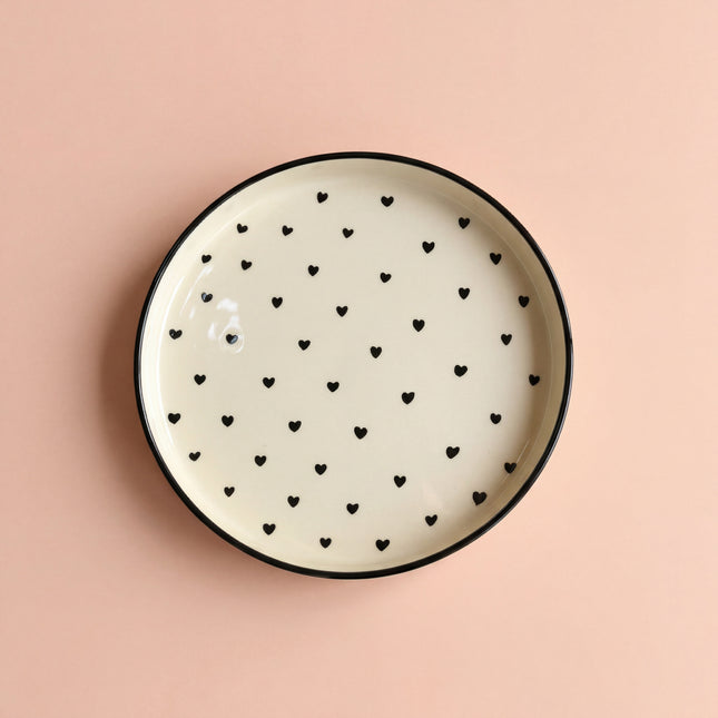 8 inch Classic Plate ( Glossy Off-White with Black Hearts )